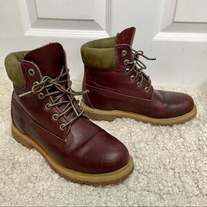 TIMBERLAND Burgundy & Green Leather Lace Up Boots 8.5
